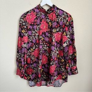 Zara Satin Tunic Floral Mock Neck Long Sleeve Multicolor Blouse Size XS